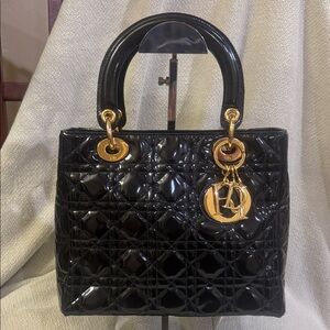 Dior Black Patent Lady Dior Medium Leather Satchel with Gold Hardware and COA
